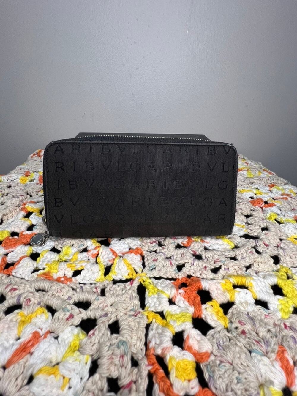 Bvlgari Logo Mania Zip Around Wallet Black Canvas Leather Italy Authentic